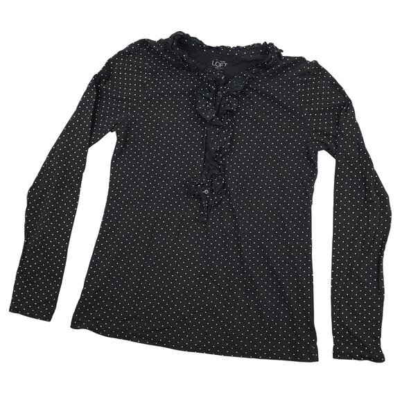 Ann Taylor Loft Petites Women's Long Sleeve Blouse Sz Medium Ruffles Polka Dot - Picture 1 of 9